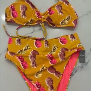 Aerie Mustard Yellow Pineapple Print Bikini with Pink Accents